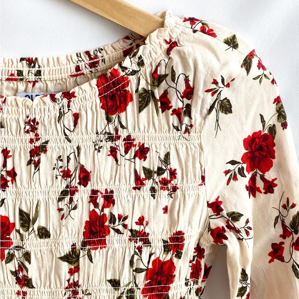 Old Navy Smocked Floral Dress Size 8 Long Sleeve Red Print